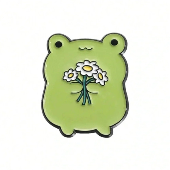 1 piece unisex green frog with white yellow flowers enamel pin backpack clothing - Picture 2 of 5